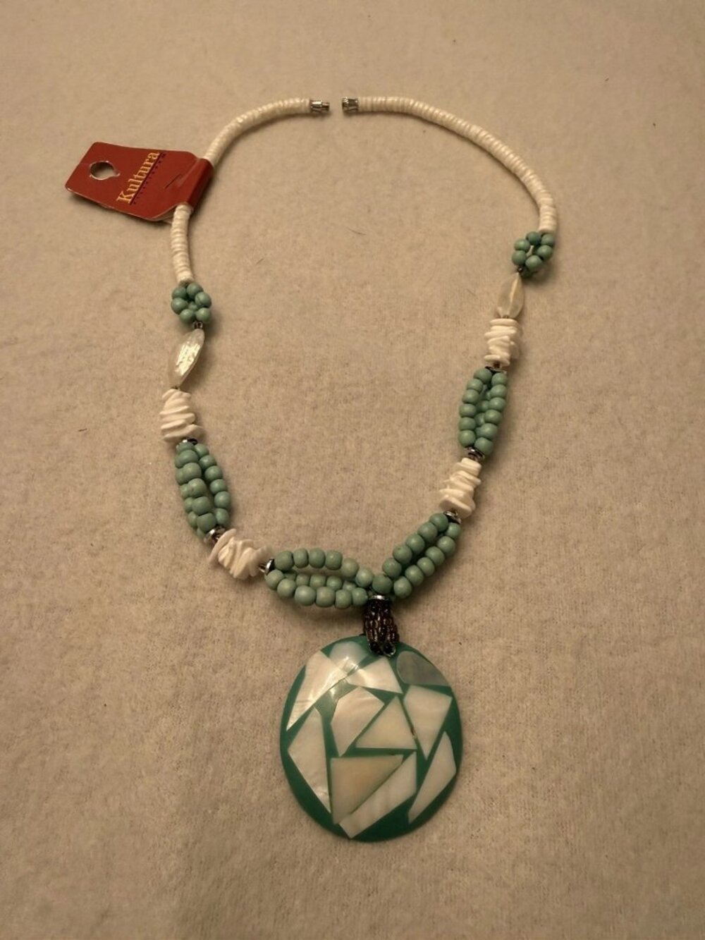 Kultura Filipino Statement Necklace Turquoise White Beaded Large Pendant NWT